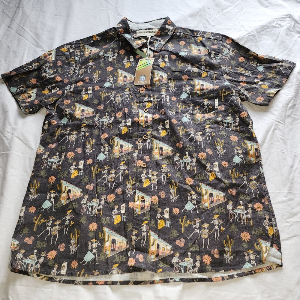 Levitate New England Cantina Shirt Los Muertos Vtg Black Patterned Shirt Xlarge
